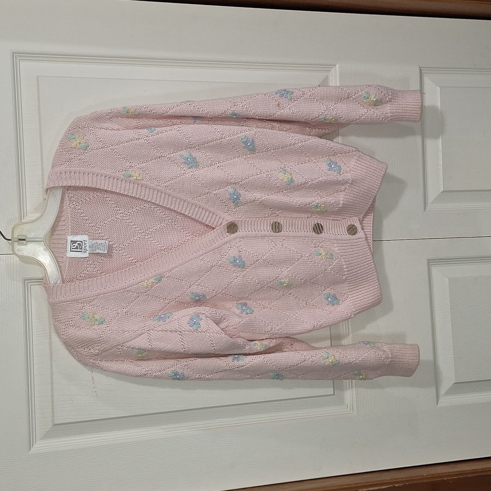 Vintage PS Sport embroidered floral button-up cotton v-neck sweater - S - pink